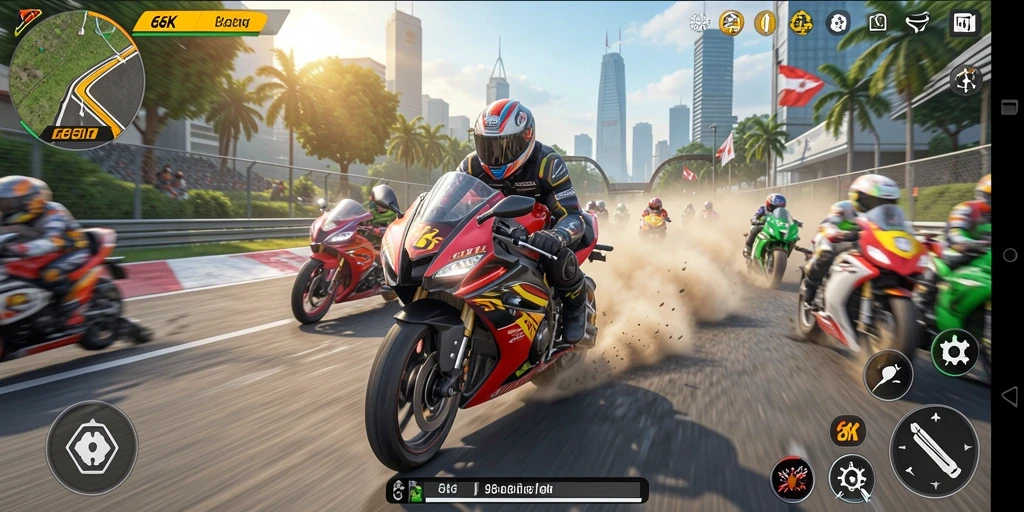 Screenshot menunjukkan balapan motor yang intens dan menarik di trek.