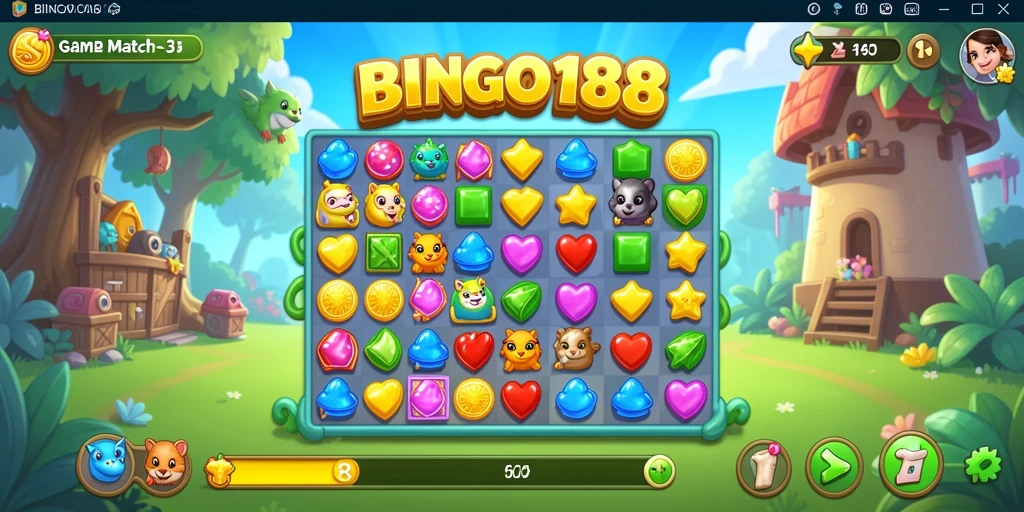 Tampilan gameplay BINGO188 dengan tantangan Match-3 yang seru.