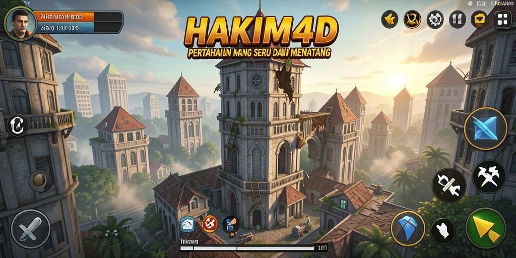 Tampilan gameplay menarik dari HAKIM4D yang menampilkan menara dan musuh.
