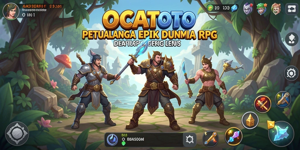 Screenshot permainan OCATOTO menunjukkan karakter berpetualang di dunia RPG yang indah.
